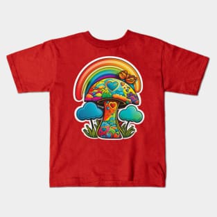 Groovy Psychedelic Mushrooms in Red Kids T-Shirt